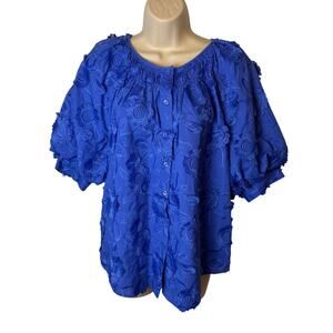 Chicos Womens 2.5 XL Cobalt Blue Embroidered Puff Sleeve Button Front Cotton Top
